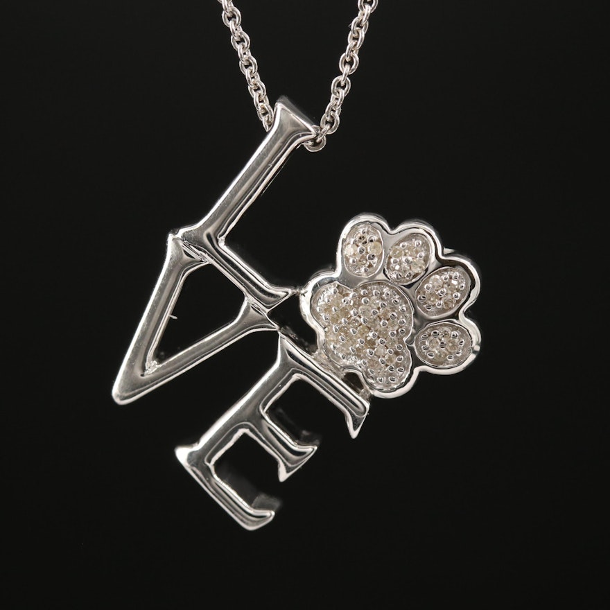 Sterling Silver Diamond "Love" and Paw Print Necklace