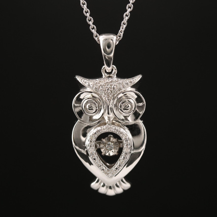 Sterling Silver Diamond Owl Necklace with Floating Diamond Accent