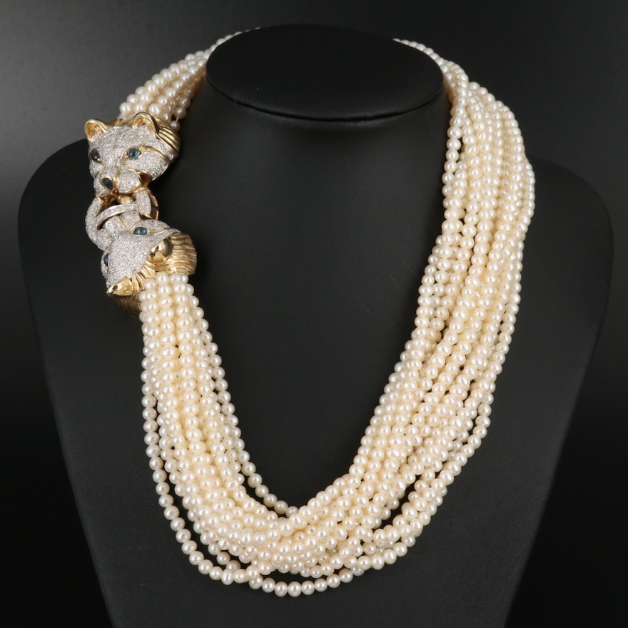 Bellarri 14K Multi-Strand Pearl, 1.99 CTW Diamond and Sapphire Cat Necklace