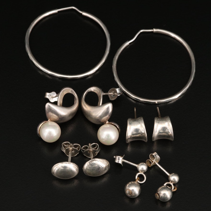 Sterling Earrings Collection of Hoops, Studs and Drops Including Faux Pearl