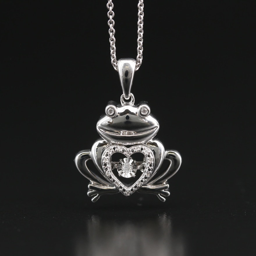 Sterling Silver Diamond Frog Pendant Necklace with Heart Shaped Center