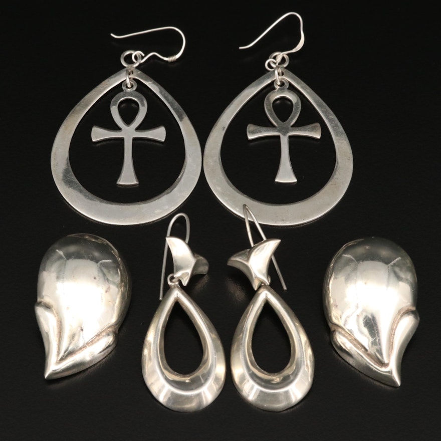 Sterling Silver Earrings Featuring Ankhs and Mexican Clip-Ons