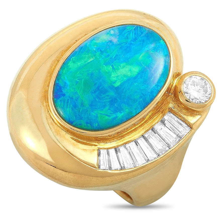 18K Yellow Gold Diamond and Opal Ring