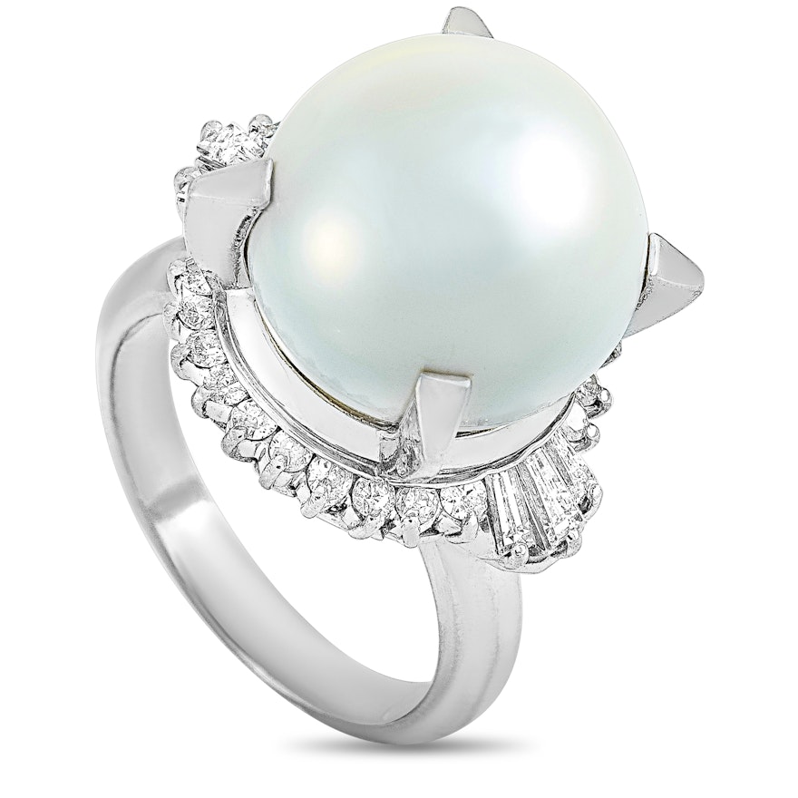LB Exclusive Platinum 0.77 ct Round and Tapered Baguette Diamonds and Pearl Ring