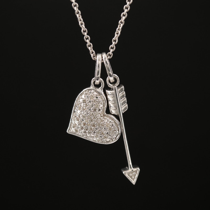 Sterling Silver Diamond Heart and Arrow Pendant Necklace