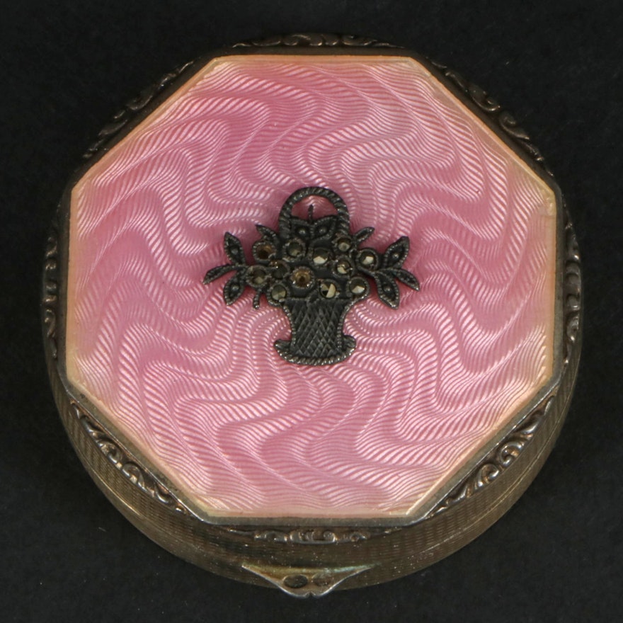 British Import Sterling and Pink Guilloché Enamel Powder Compact