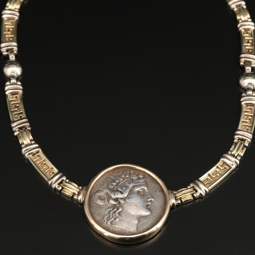14K Greek Key Necklace with c.a. 250 BC Ancient Greek AR Tetradrachm Coin