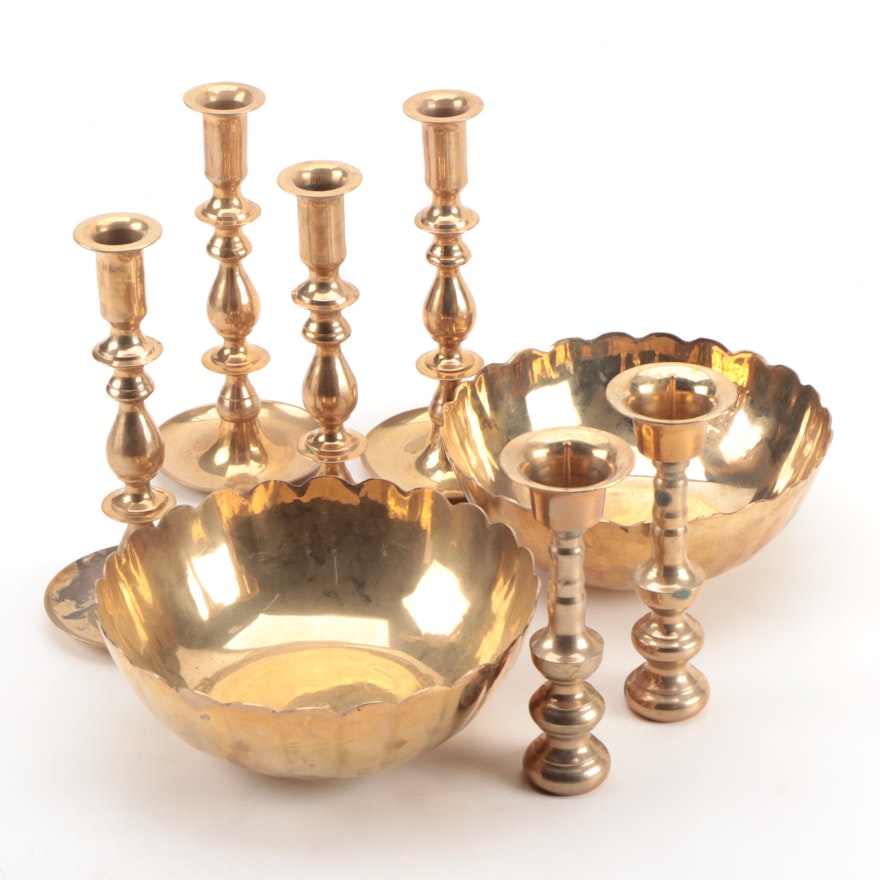 Brass Candlesticks and Centerpiece Bowls, Mid to Late 20th Century