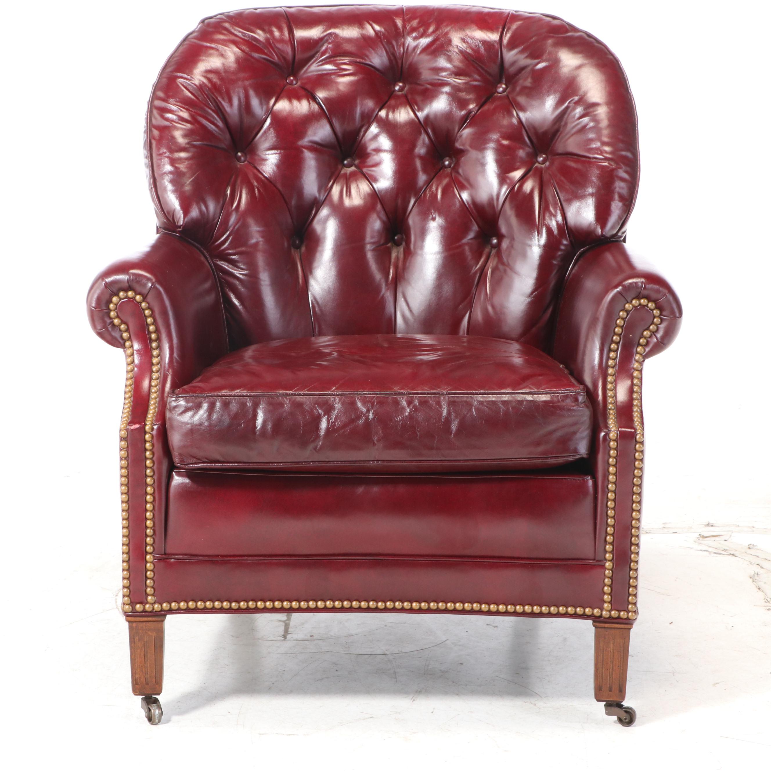 Hancock & Moore Button-Tufted and Brass-Tacked Leather Club Chair and Ottoman