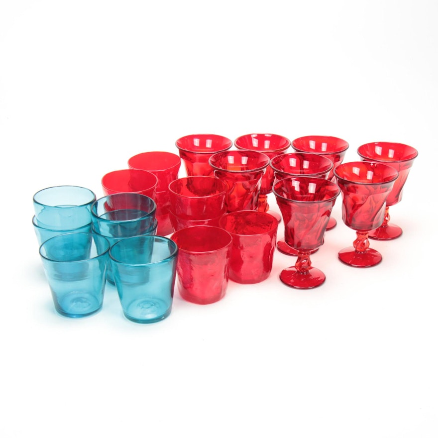 Fostoria "Jamestown" Ruby Water Goblets and Other Hand-Blown Tumblers
