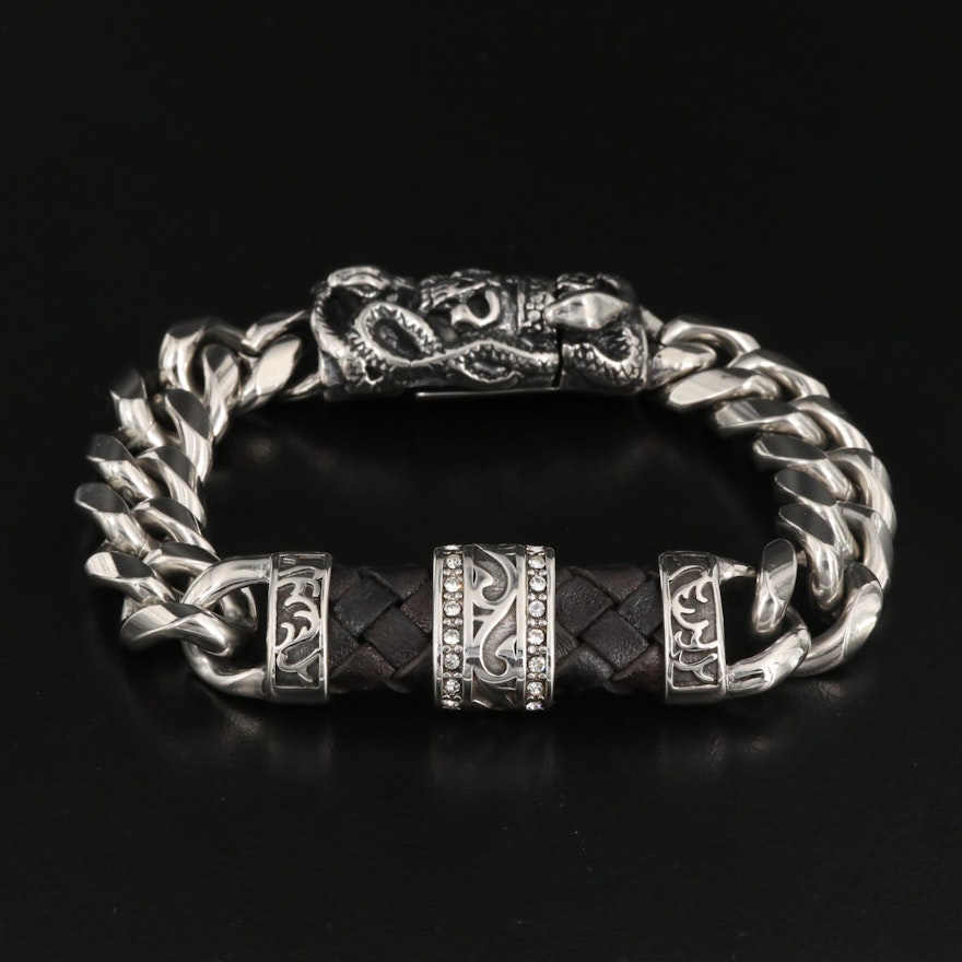 Skull and Snake Cubic Zirconia and Leather Bracelet with Magnetic Clasp