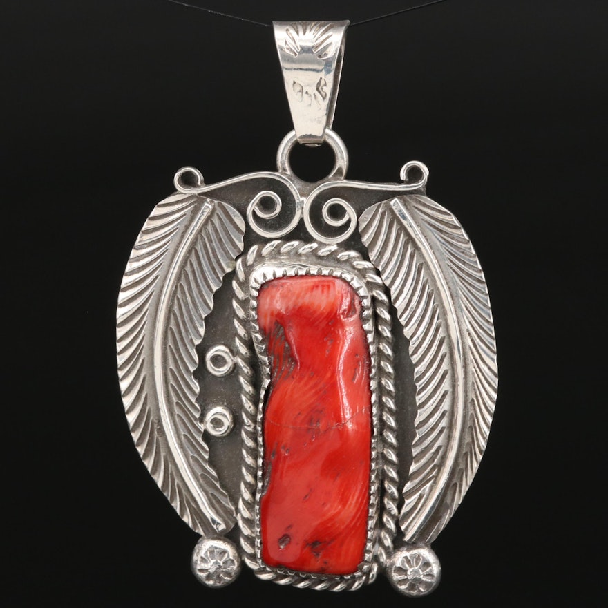 Mexican Sterling Silver Coral Pendant with Appliqué Work