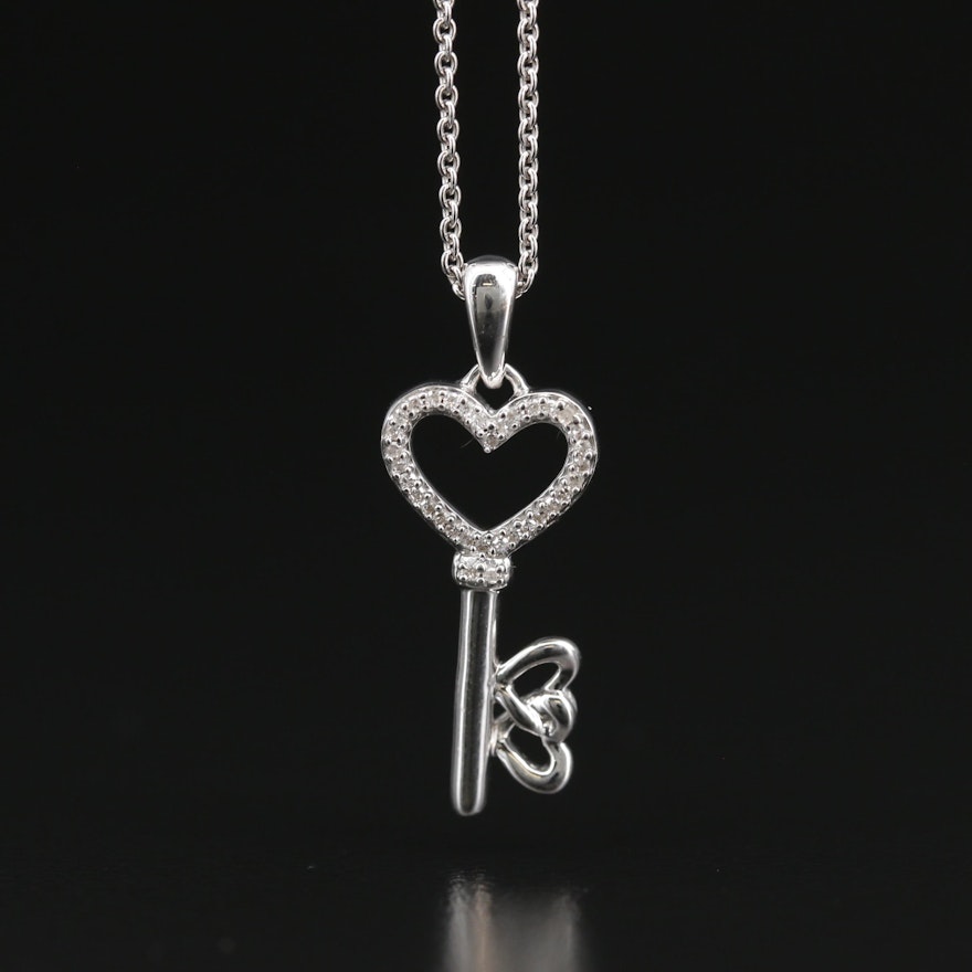 Sterling Silver Diamond Heart Key Pendant Necklace