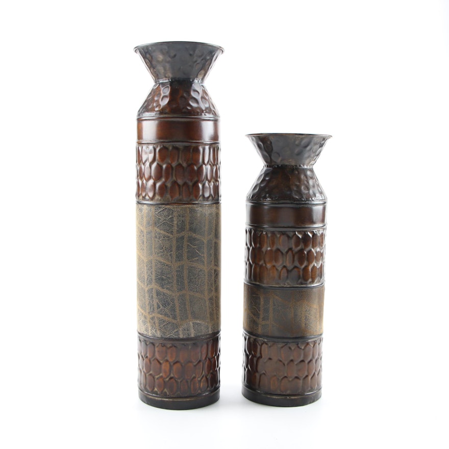 Embossed Metal and Fabric Floor Vases