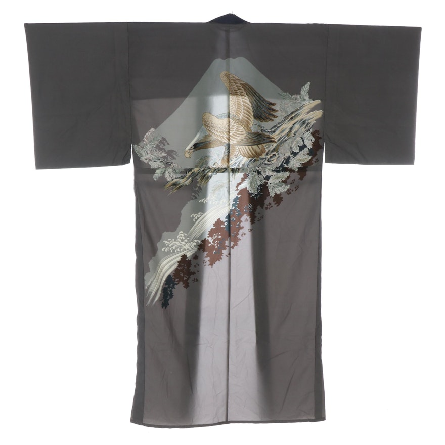 Men's Grey and Blue Silk Crepe Kimono with Hand-Painted Eagle Design