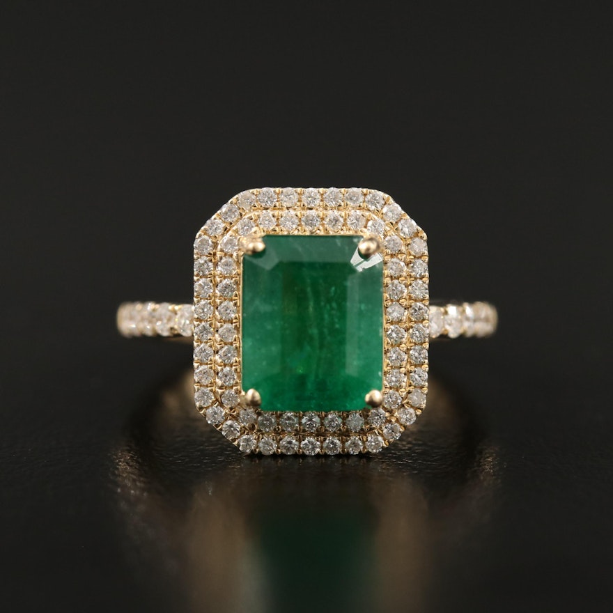 14K Rectangular Emerald and Diamond Double Halo Ring