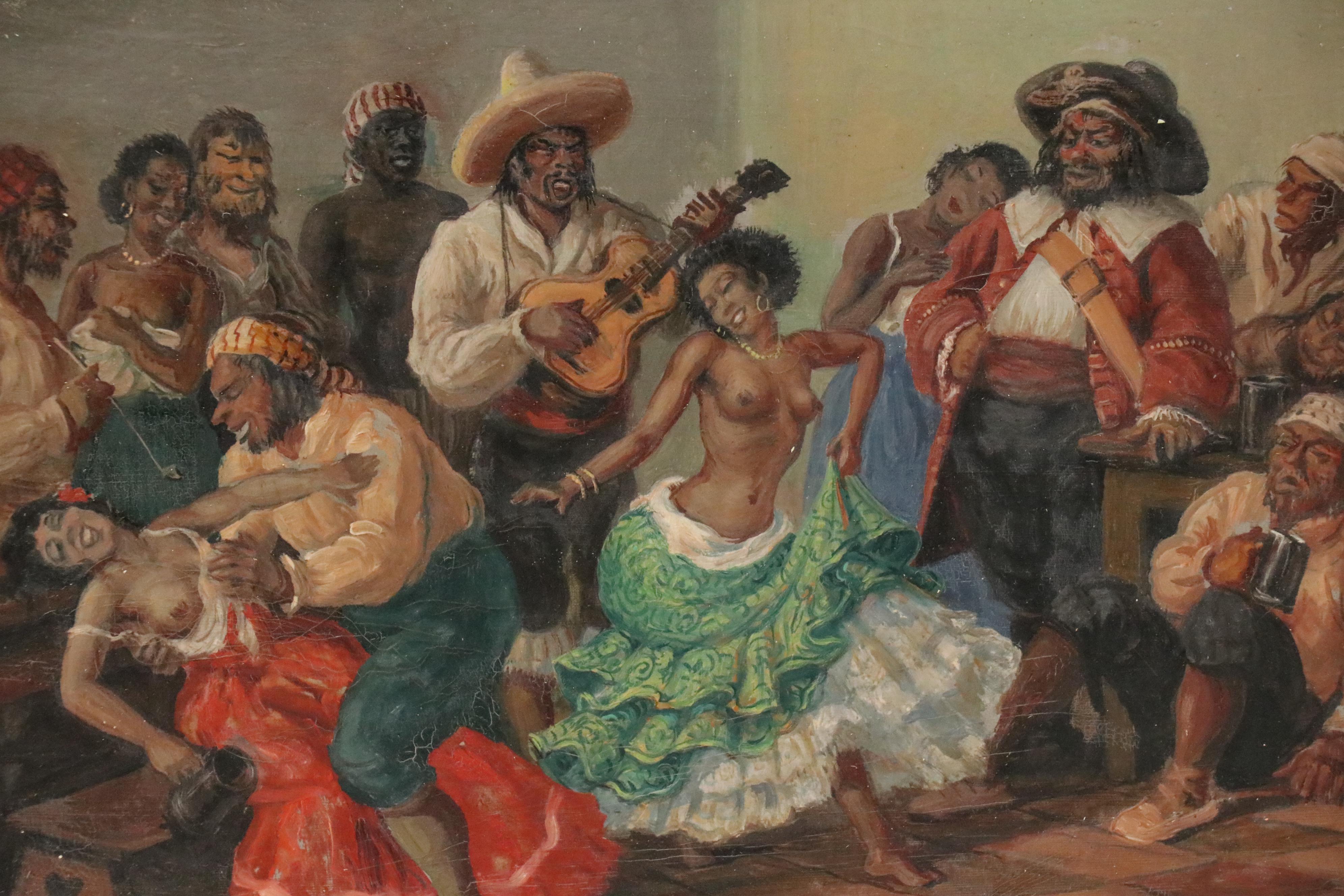 Gustave Alaux Tavern Scene with Dancing Figures Oil Painting, Mid 20th Century