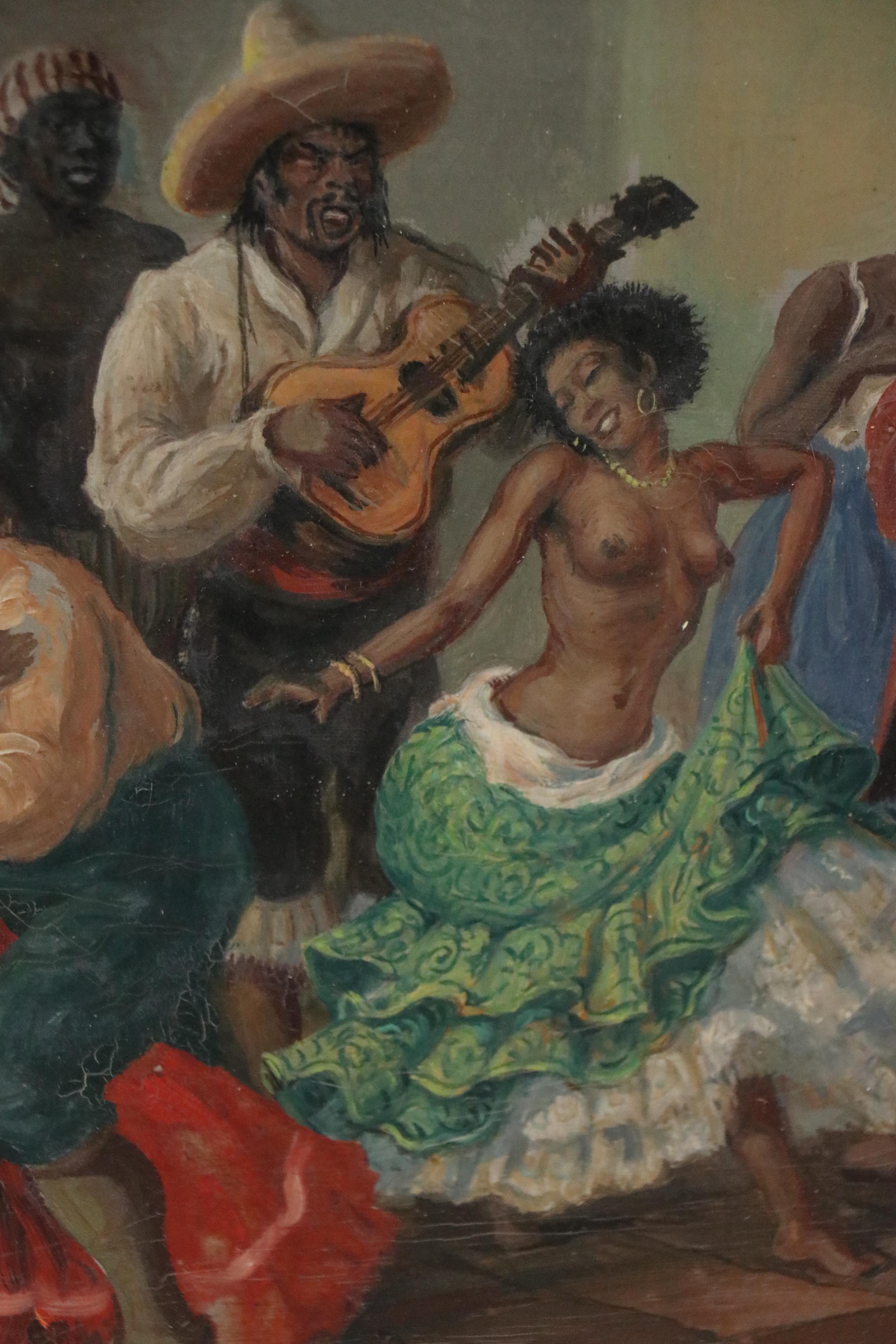 Gustave Alaux Tavern Scene with Dancing Figures Oil Painting, Mid 20th Century