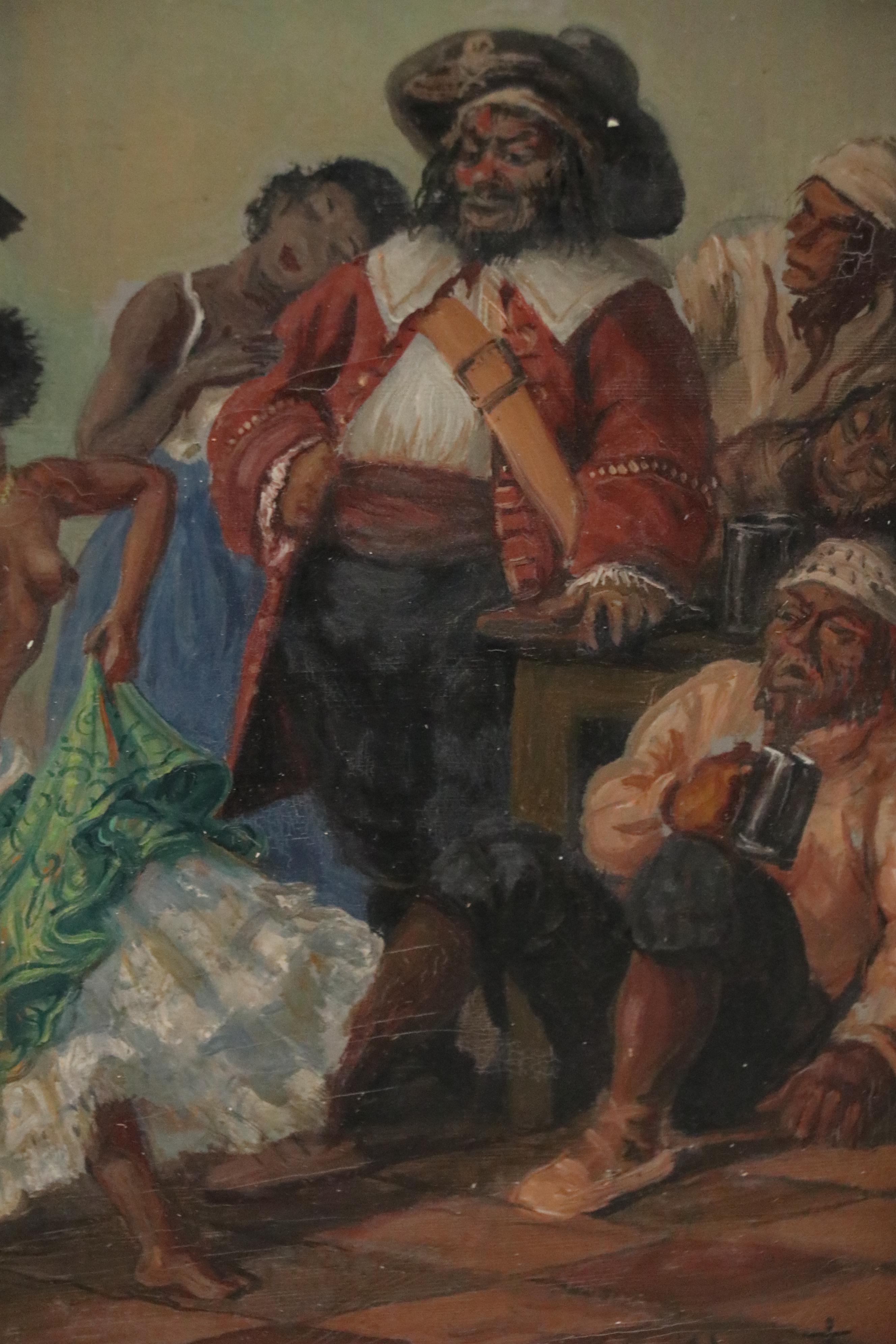 Gustave Alaux Tavern Scene with Dancing Figures Oil Painting, Mid 20th Century