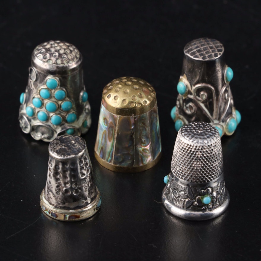 Sterling Silver, Brass, Turquoise Colored Stone, and Abalone Thimbles