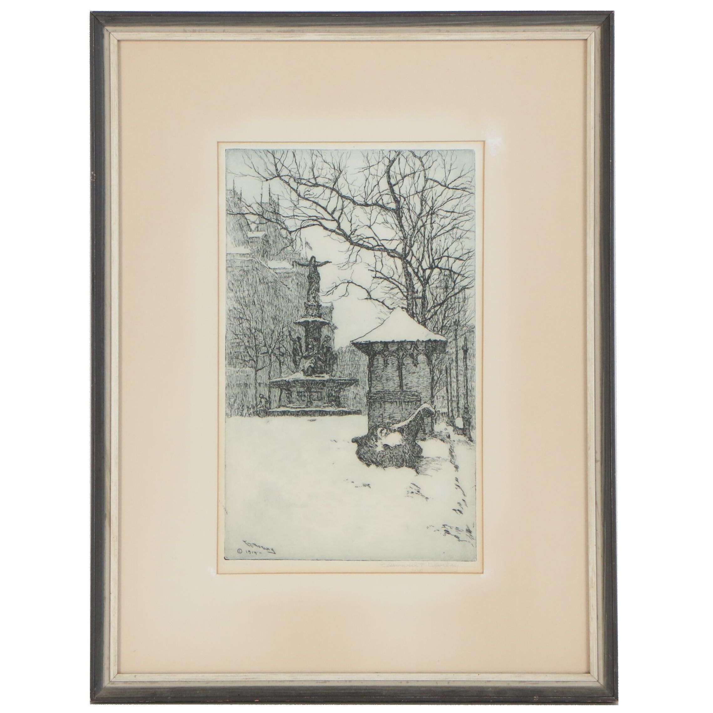 E.T. Hurley Etching "Fountain in the Snow"