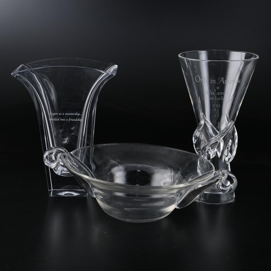 Steuben and Nambé Crystal Vases and Scroll Handled Glass Bowl