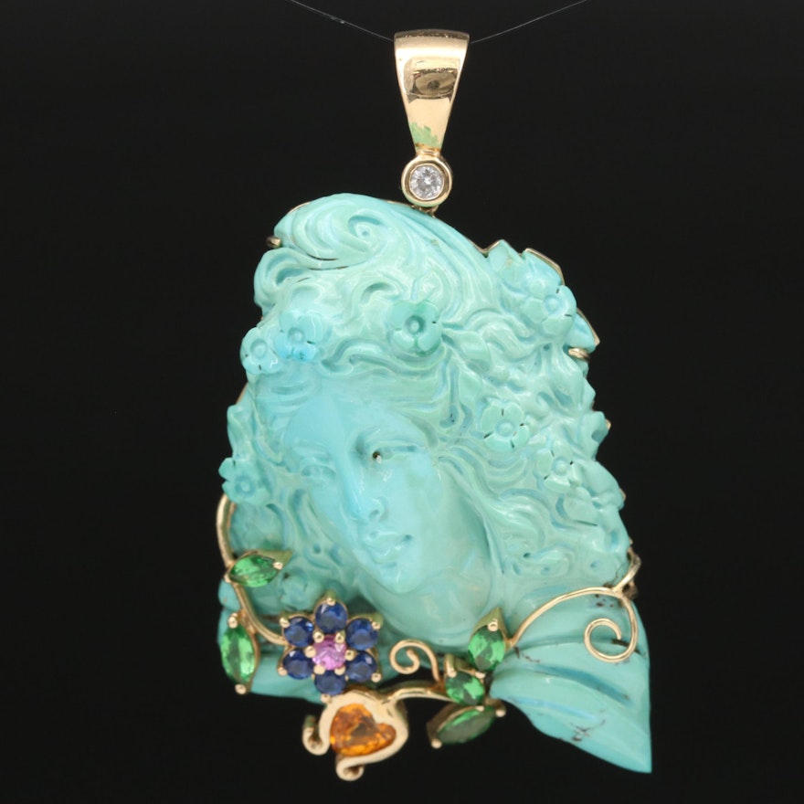 Signed 14K Turquoise, Diamond, Sapphire and Tsavorite Figural Pendant