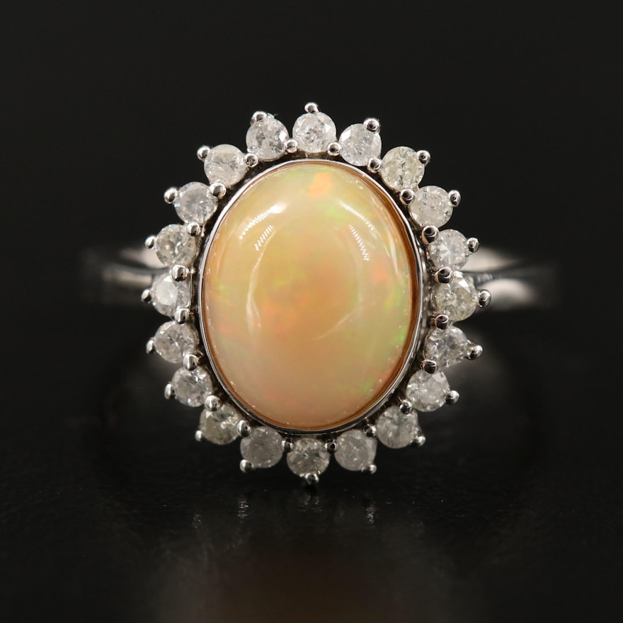 Sterling Oval Opal Cabochon and Diamond Halo Ring