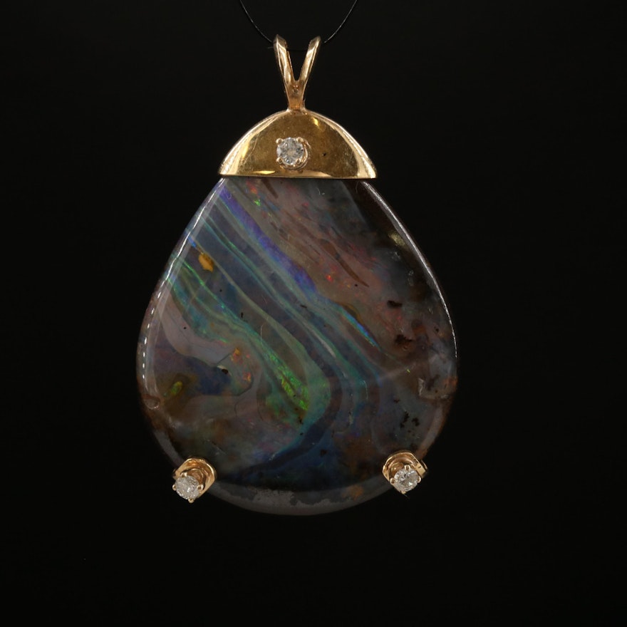 14K Modified Pear Boulder Opal and Diamond Pendant