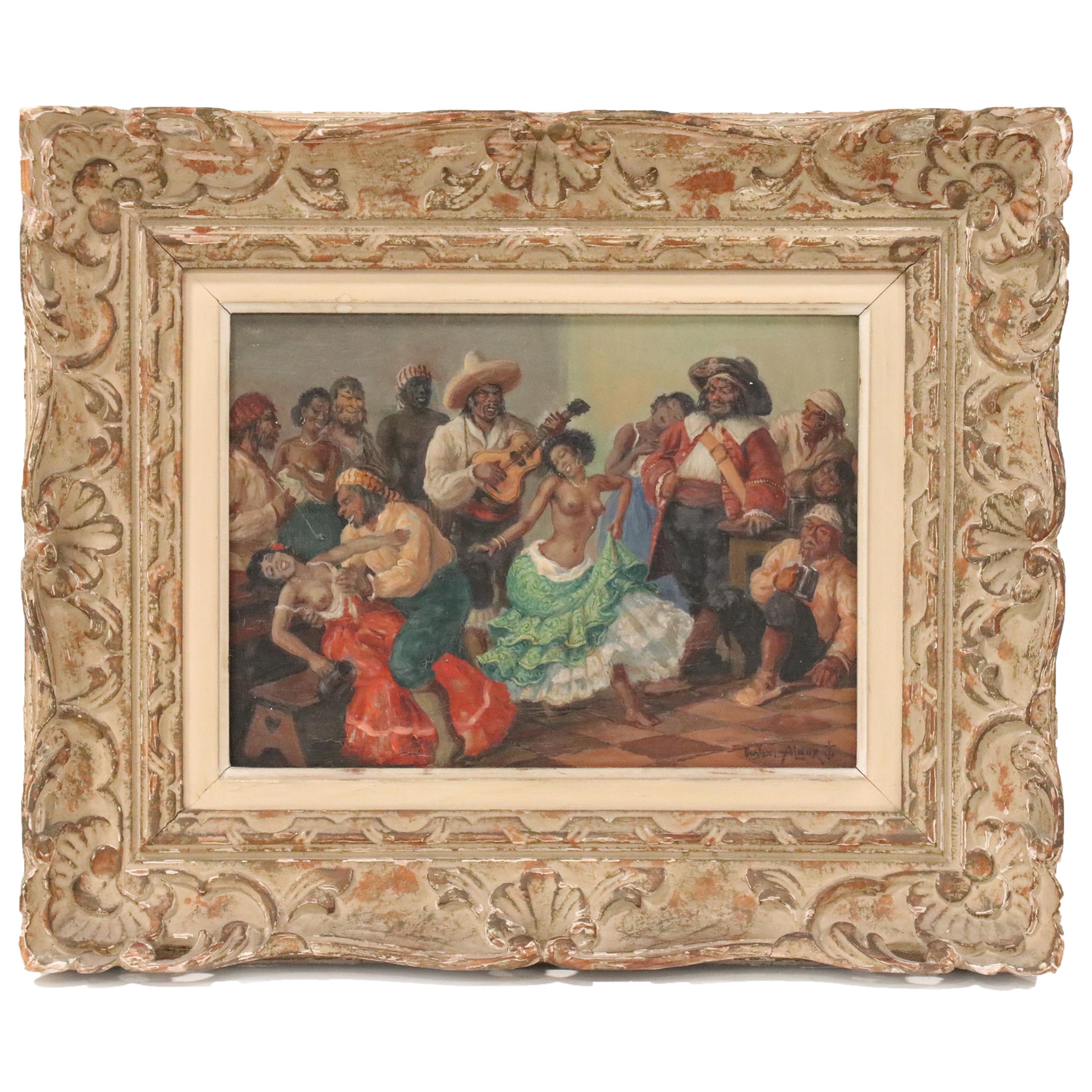 Gustave Alaux Tavern Scene with Dancing Figures Oil Painting, Mid 20th Century