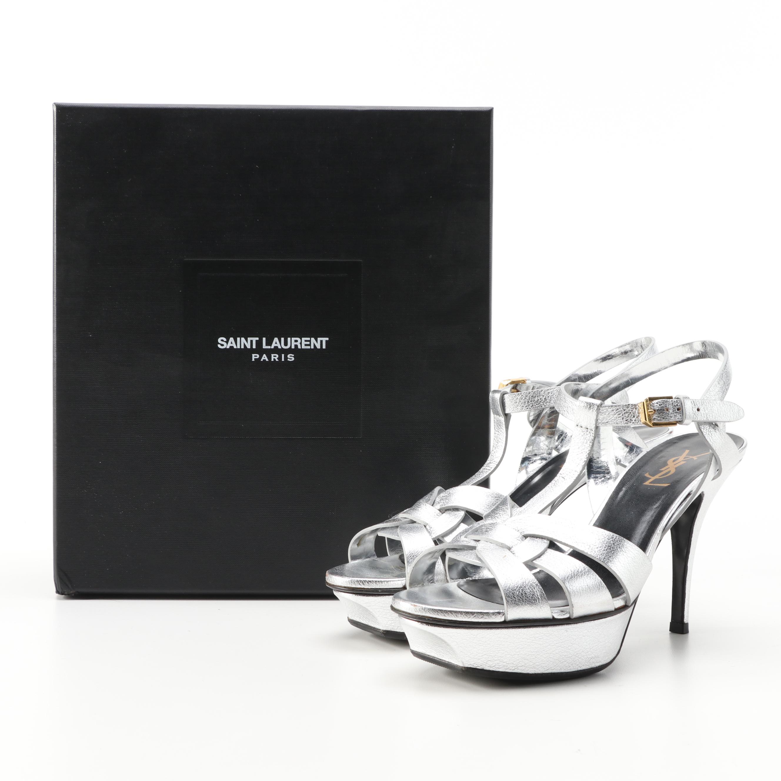 Yves Saint Laurent Tribute 75 Platform Sandals in Silver Metallic Leather