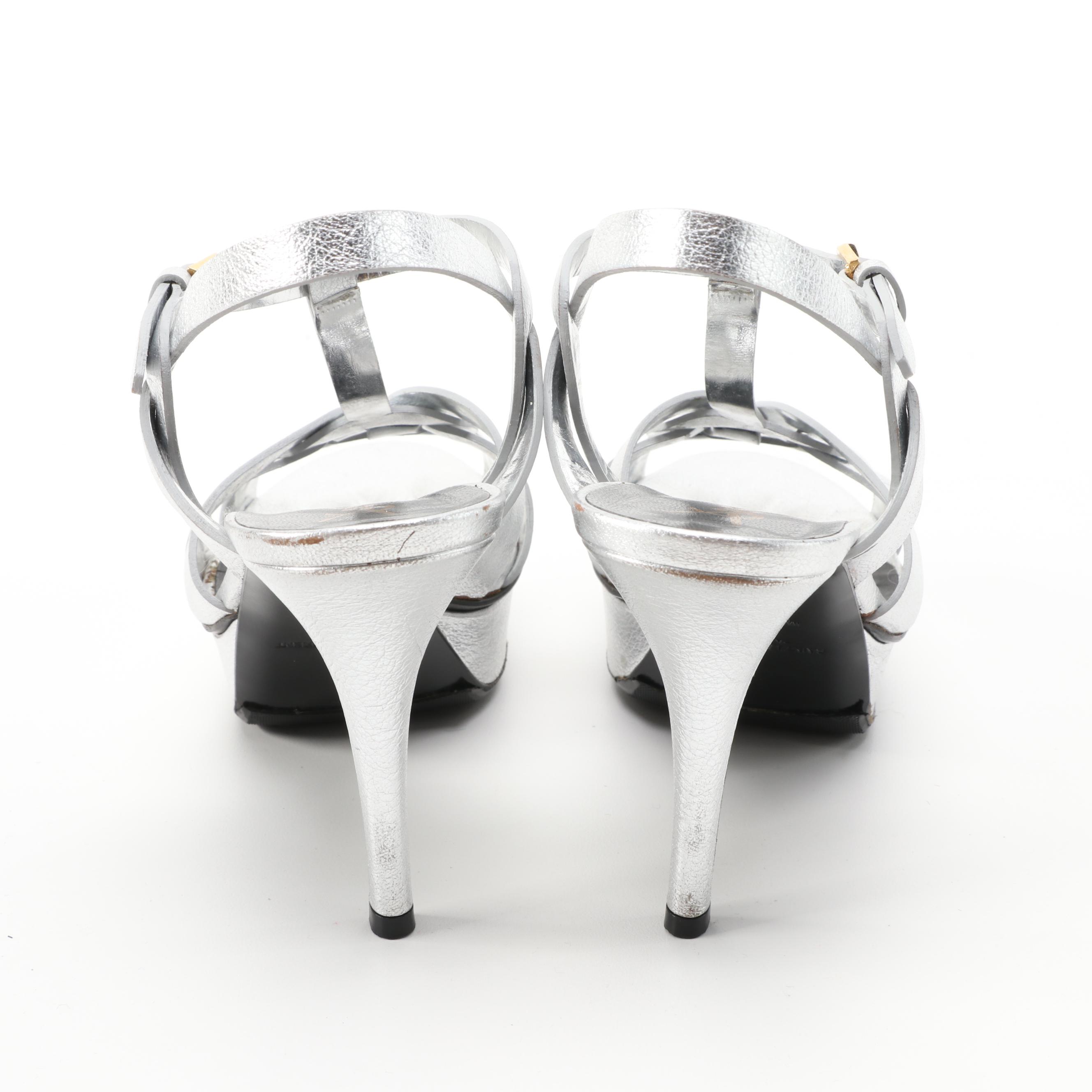 Yves Saint Laurent Tribute 75 Platform Sandals in Silver Metallic Leather