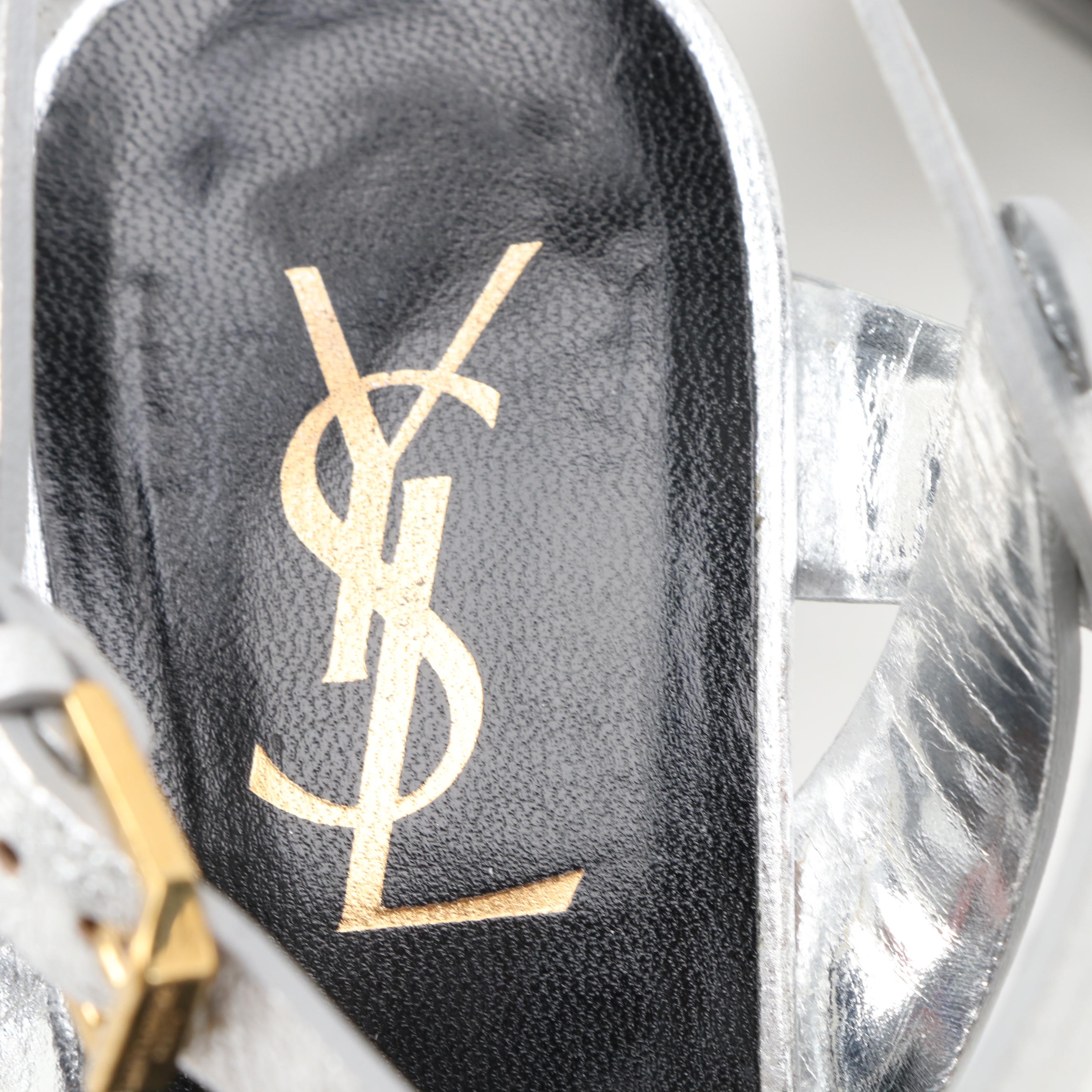 Yves Saint Laurent Tribute 75 Platform Sandals in Silver Metallic Leather