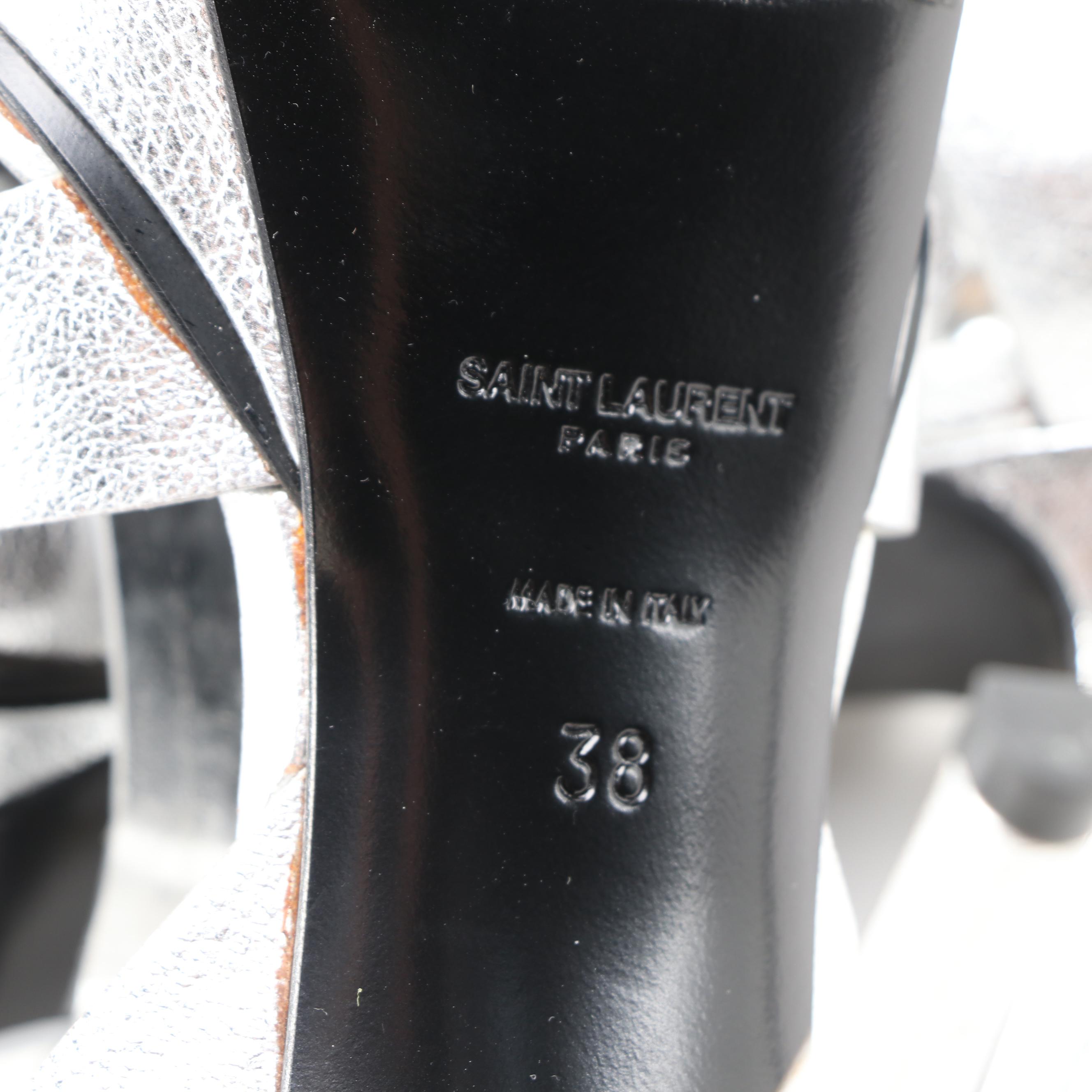 Yves Saint Laurent Tribute 75 Platform Sandals in Silver Metallic Leather