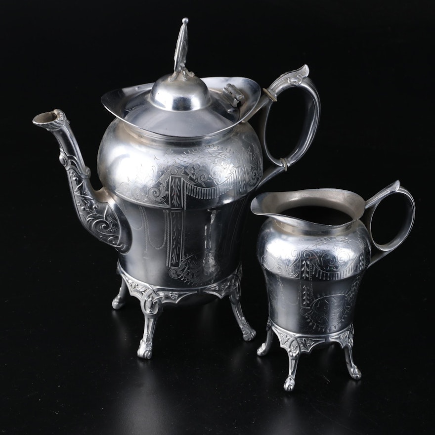 A. Ledig and Son Etched Silver Plate Coffee Pot and Creamer, Late 19th Century