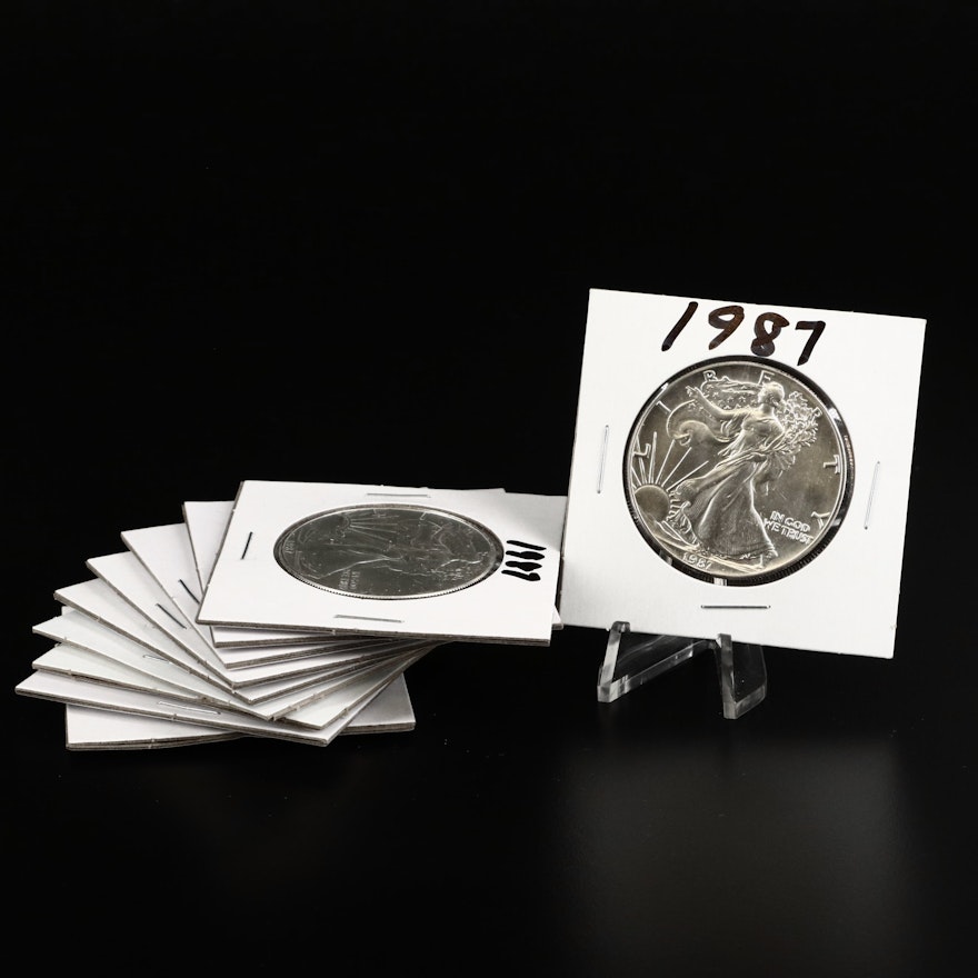Ten 1987 American Silver Eagle Dollar Bullion Coins