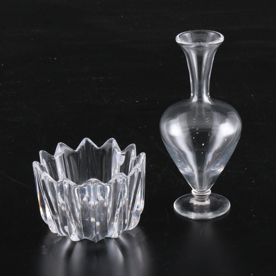 Baccarat French Crystal Footed Bud Vase and Orrefors "Fleur" Crystal Bowl
