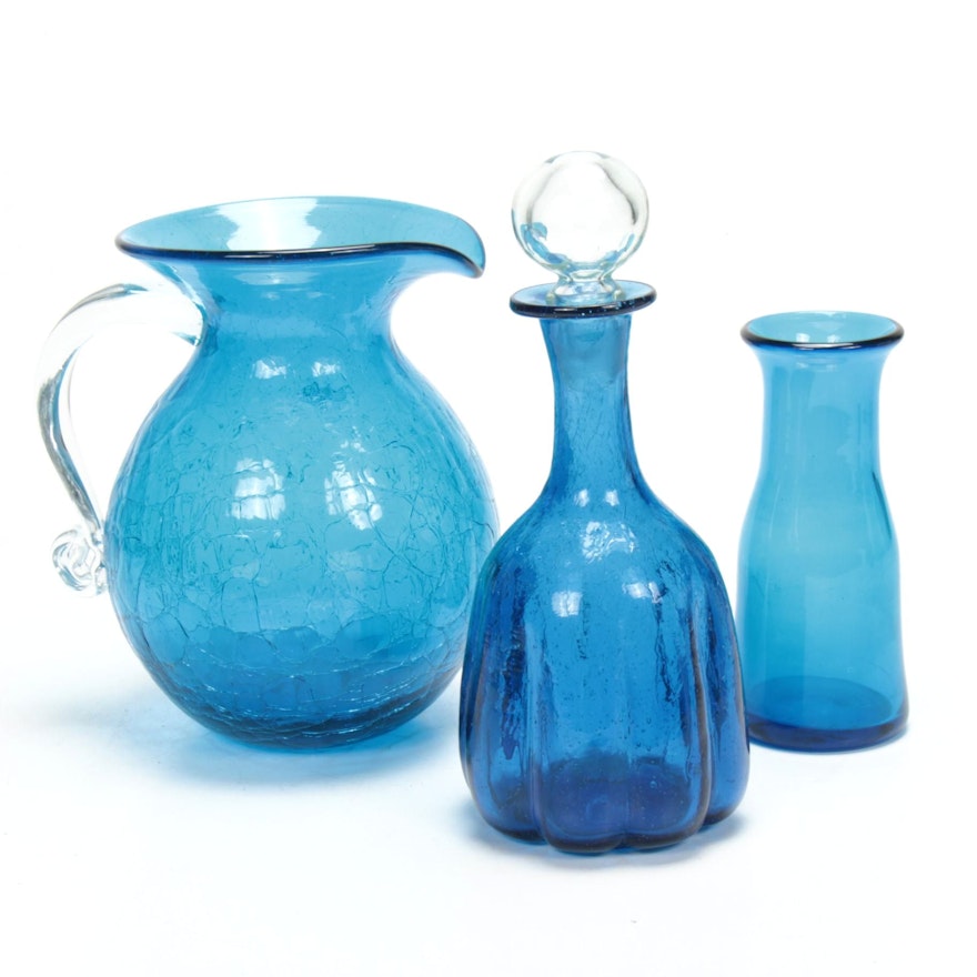 Blenko Crackle Glass Vase, Pitcher and Decanter, Mid to Late 20th Century