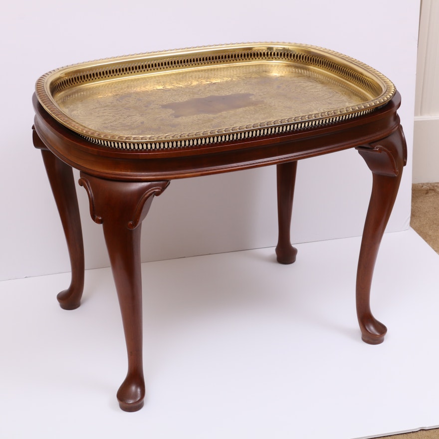 Queen Anne Style Brass Tray on Walnut Stand, Late 20th Century