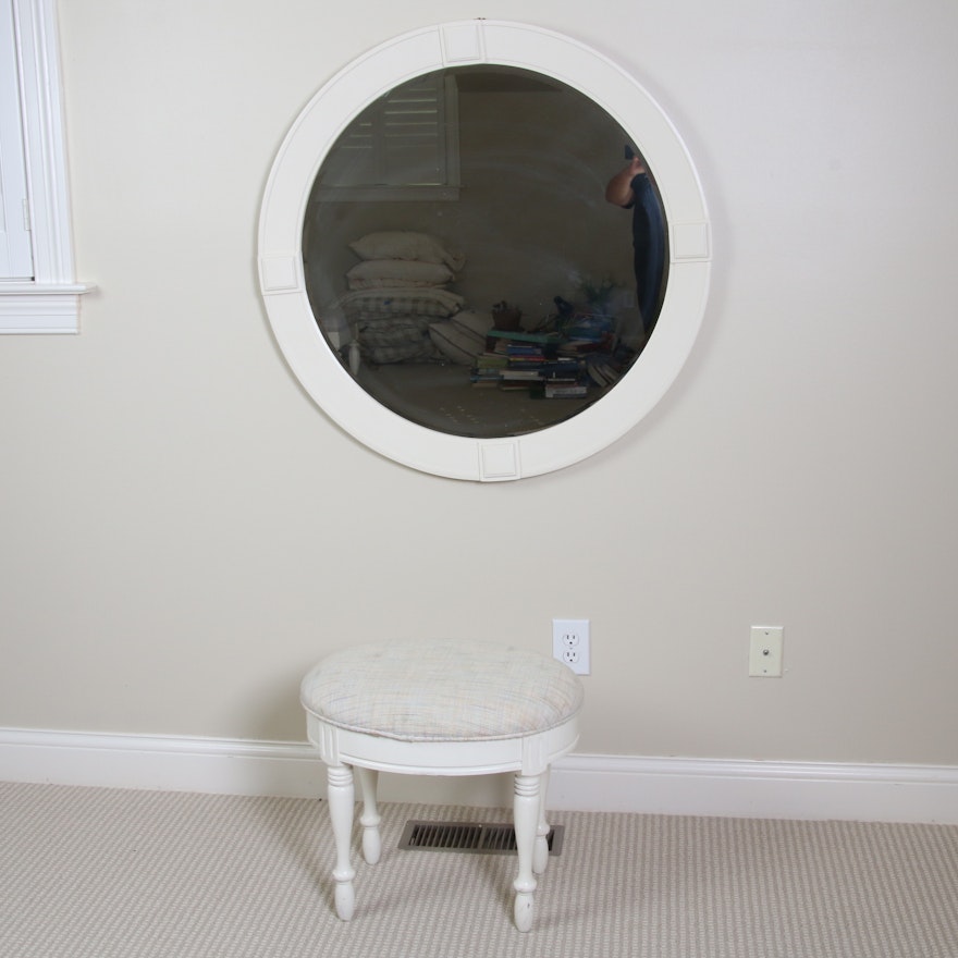 Round Vanity Mirror and Upholstered Stool, Late 20th Century