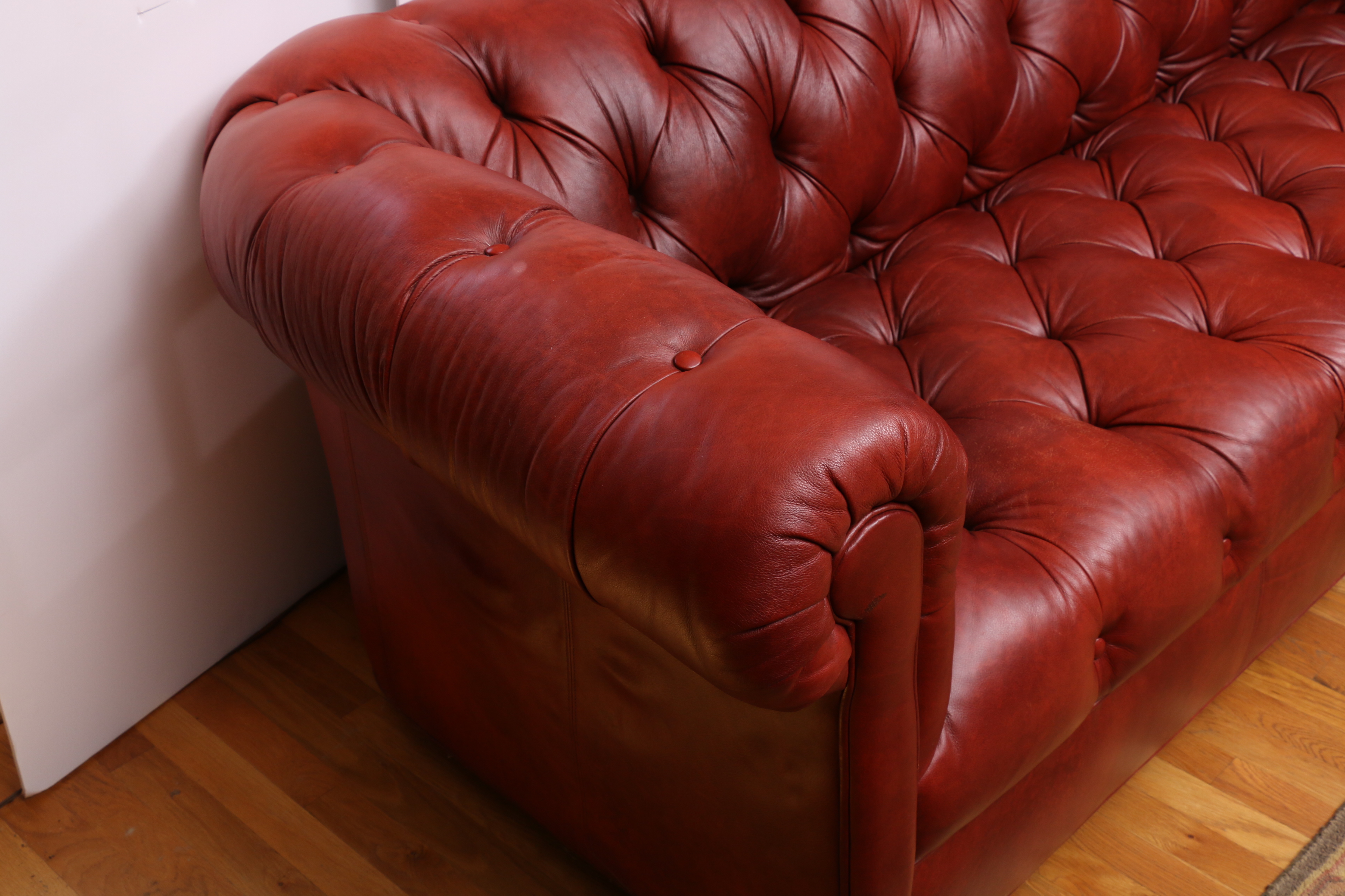 Ethan Allen Oxblood Leather Chesterfield Sofa