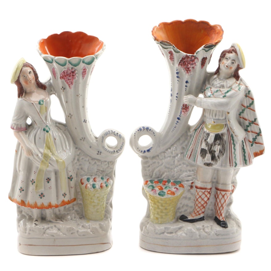 Pair of Staffordshire Trumpet Vases, Mid to Late 19th Century