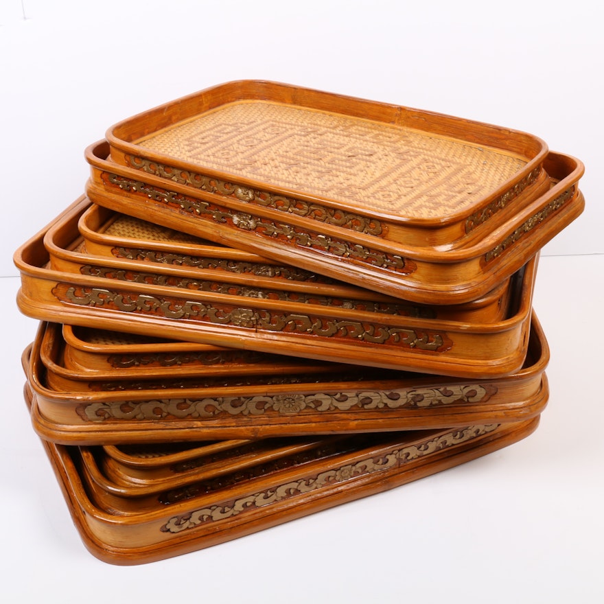 Chinese Style Lacquered Bamboo Trays, Mid to Late 20th Century