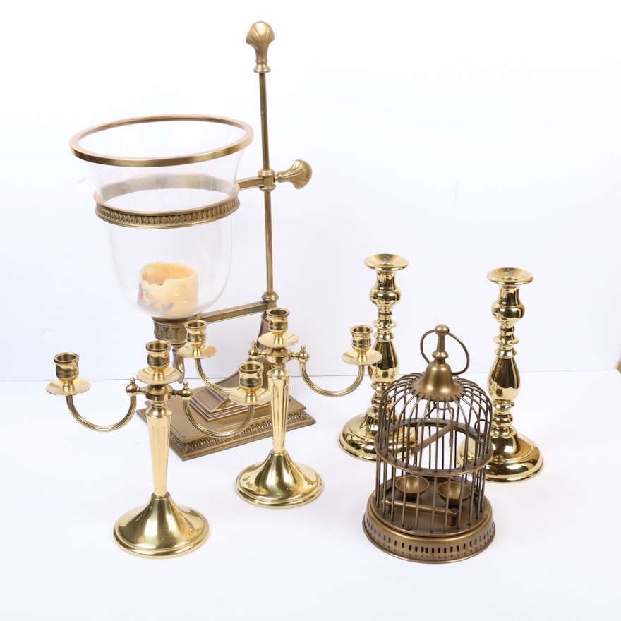 Brass Candle Holders and Decorative Birdcage, Late 20th to Early 21st Century