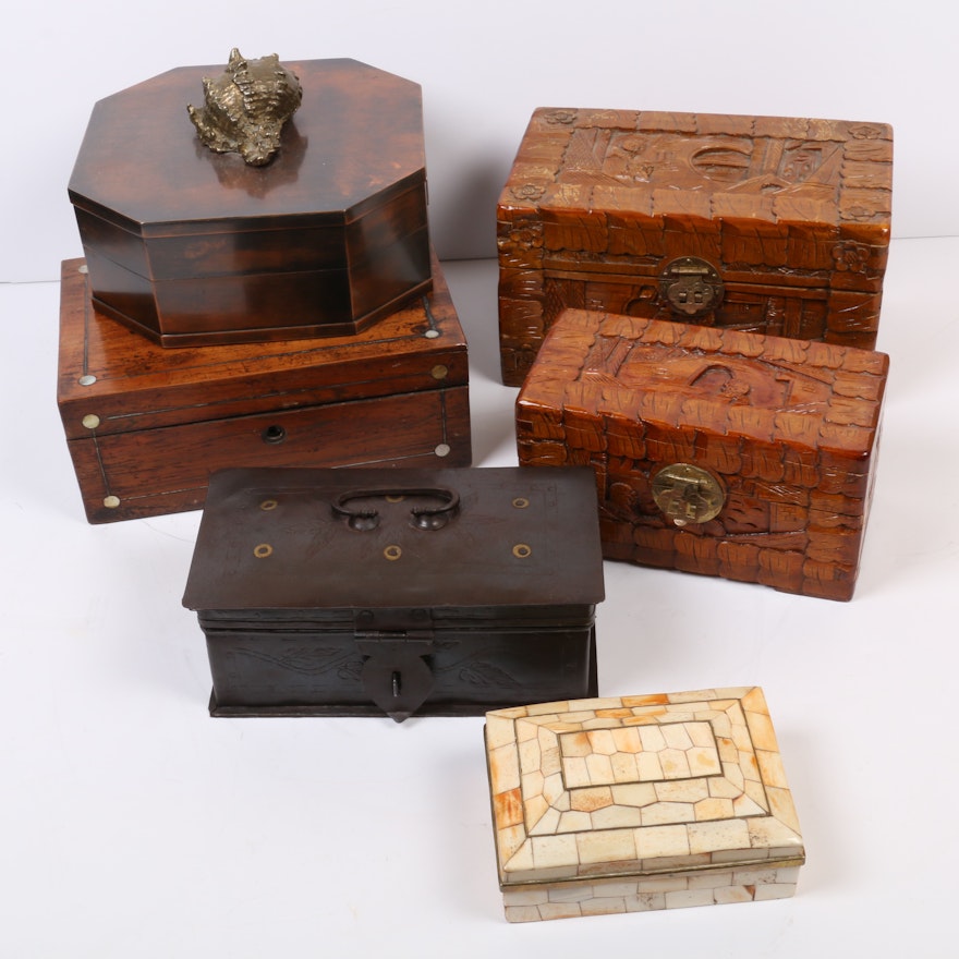 Decorative Boxes Including Italian Copper and Antique Mother of Pearl Inlay