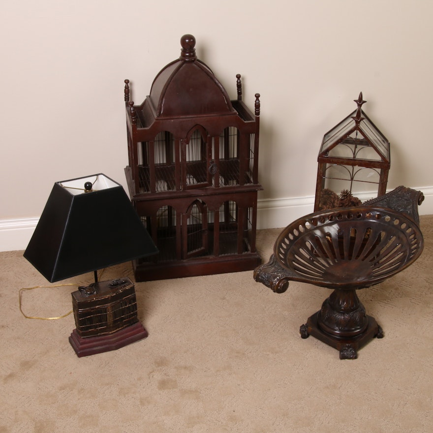 Victorian Style Bird Cage, Centerpiece Pedestal Bowl, Table Lamp and Terrarium