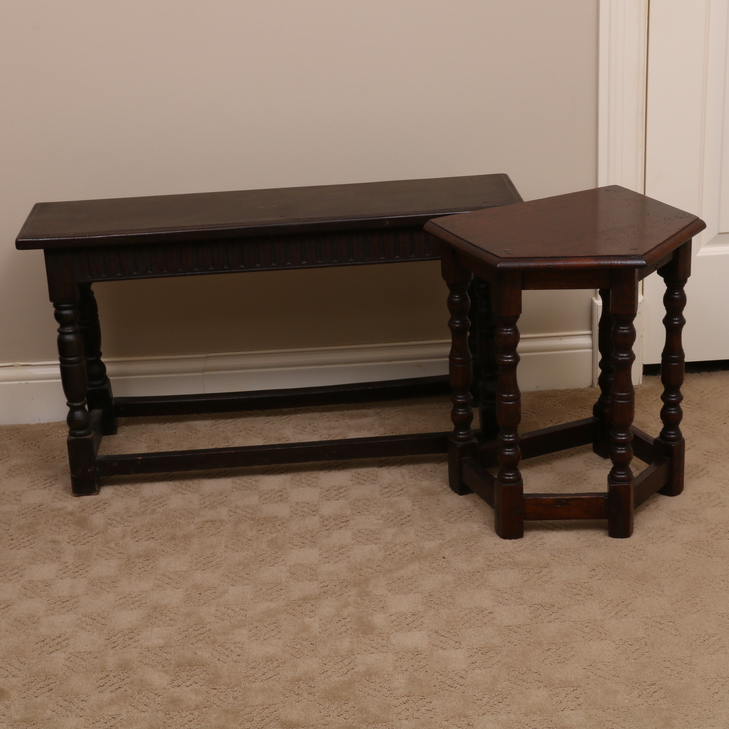 Jacobean Style Hardwood Bench and Side Table, 20th Century
