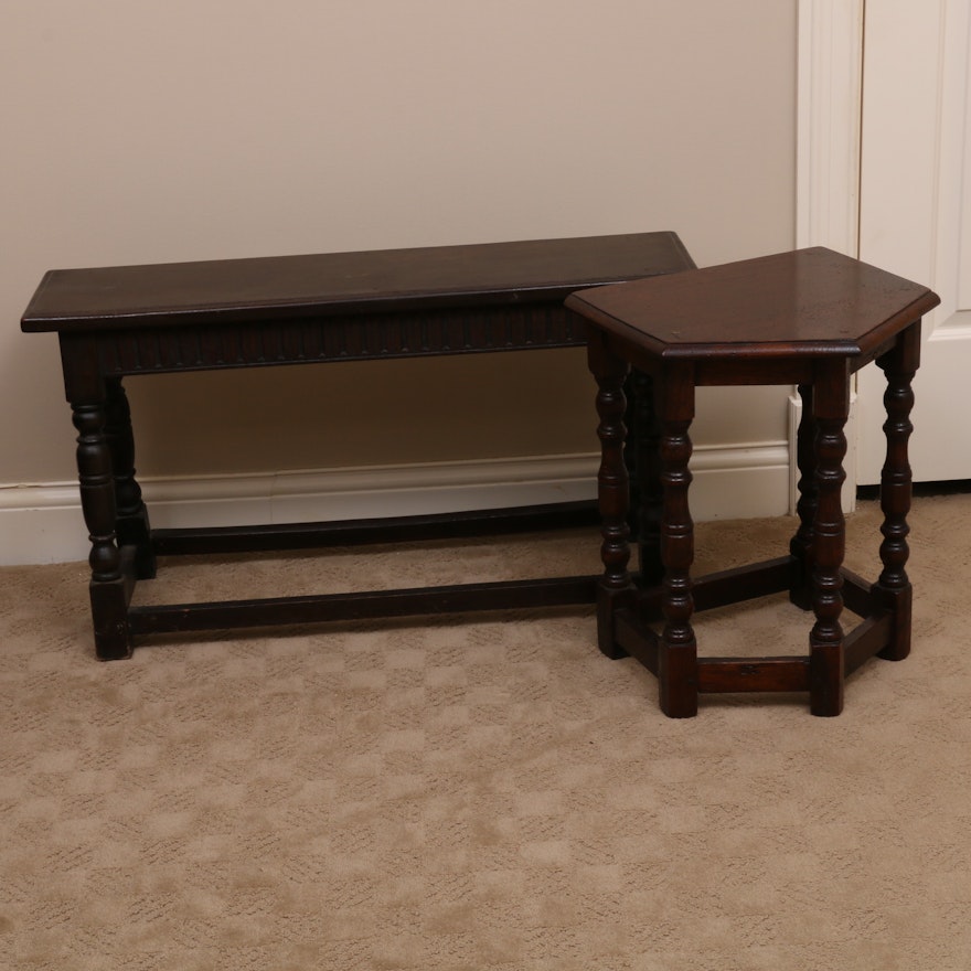 Jacobean Style Hardwood Bench and Side Table, 20th Century