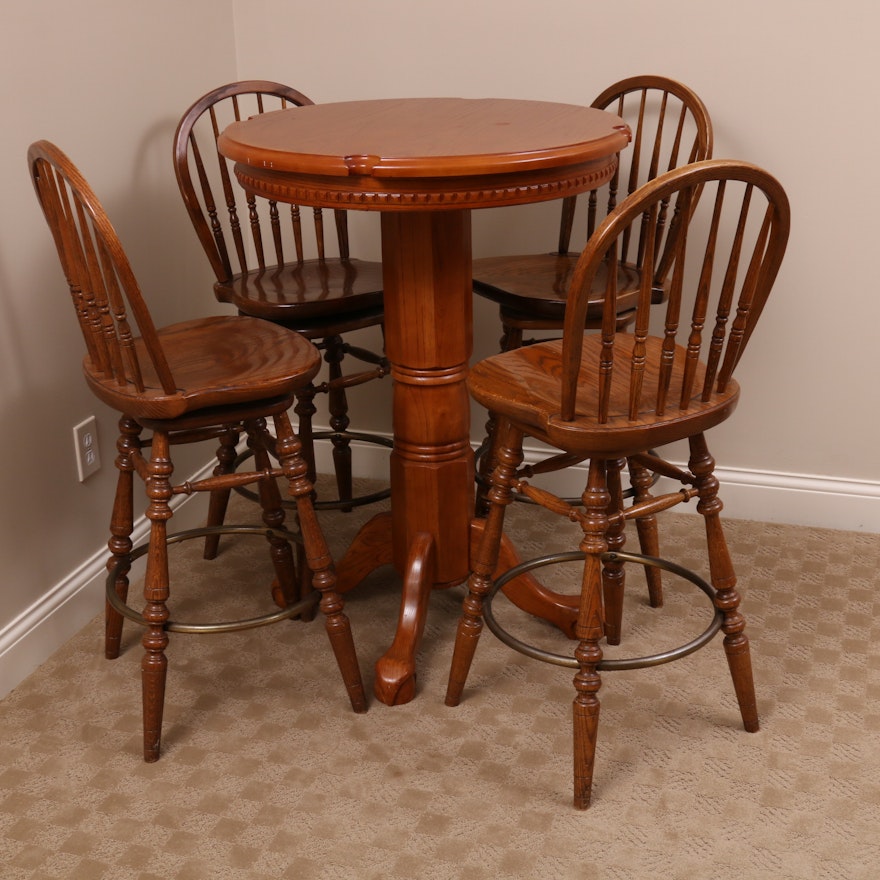 Oak and Brass Pool Hall Table with Four Barstools, Late 20th Century