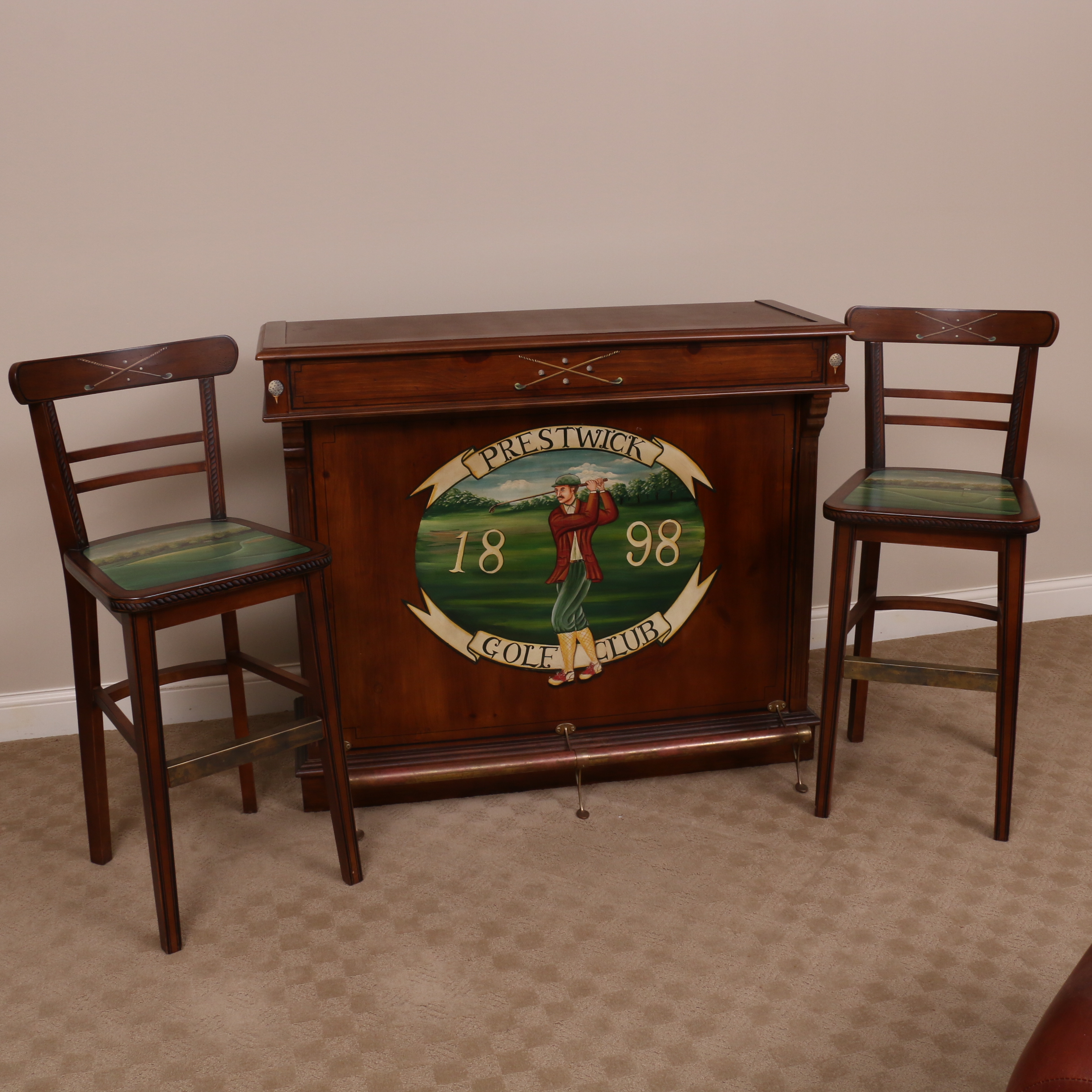 Prestwick Golf Club Paint-Decorated Wood Bar with Barstools, Late 20th Century
